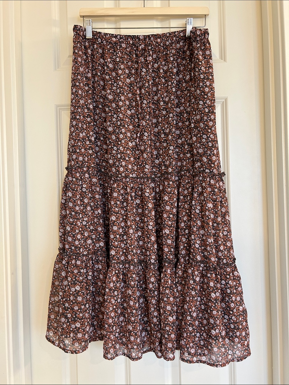 aerie Floral Midi Skirt in Black, Rust Orange & White